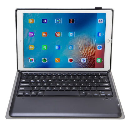 Dark gray folio case with built-in Bluetooth keyboard, tablet screen tilted