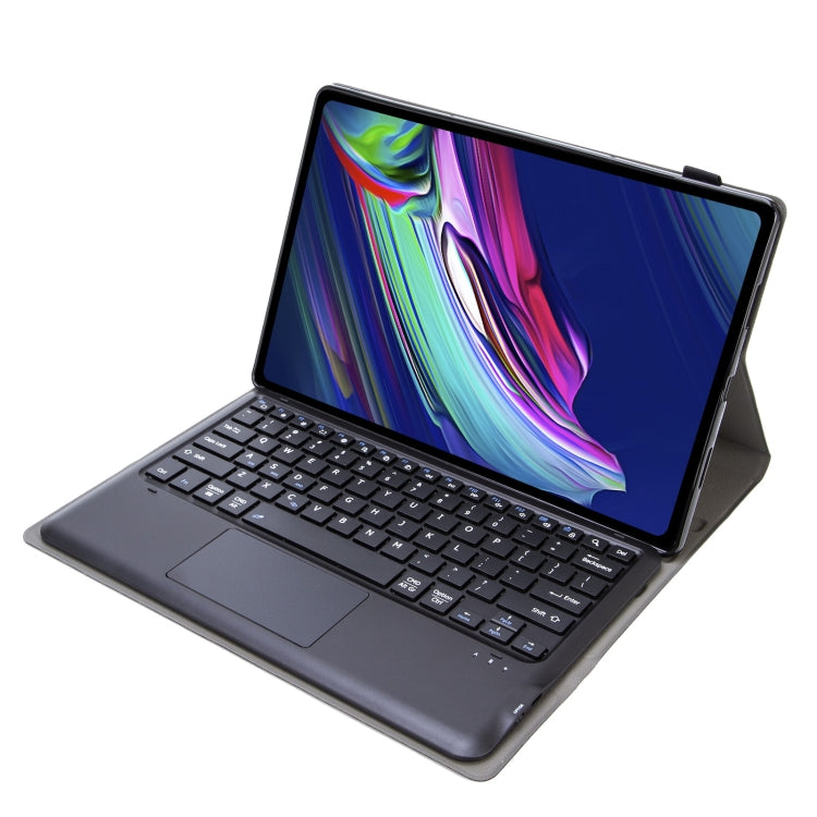 Detachable Bluetooth keyboard tablet case folded into stand with keyboard angled forward