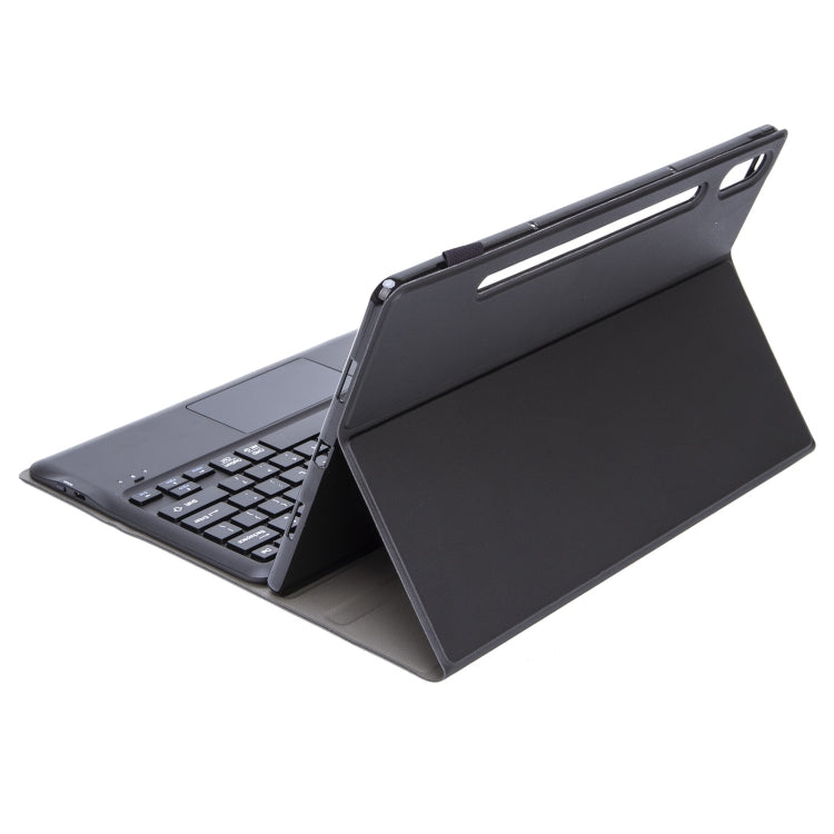 Detachable Bluetooth keyboard tablet case angled stand view with dark front cover