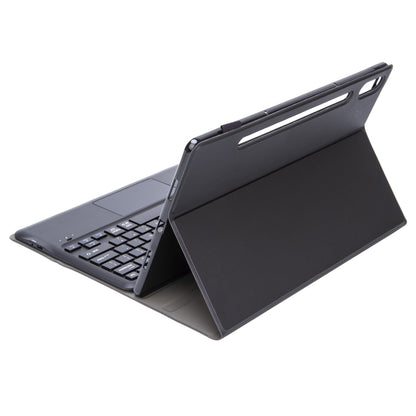 Detachable Bluetooth keyboard tablet case angled stand view with dark front cover