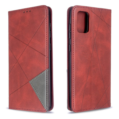 Red leather phone case with diamond pattern, front and back view