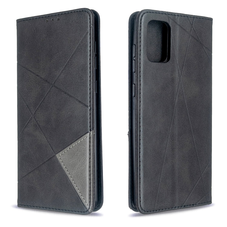 Dark blue leather phone case with diamond pattern, front and back view