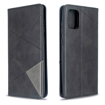 Dark blue leather phone case with diamond pattern, front and back view