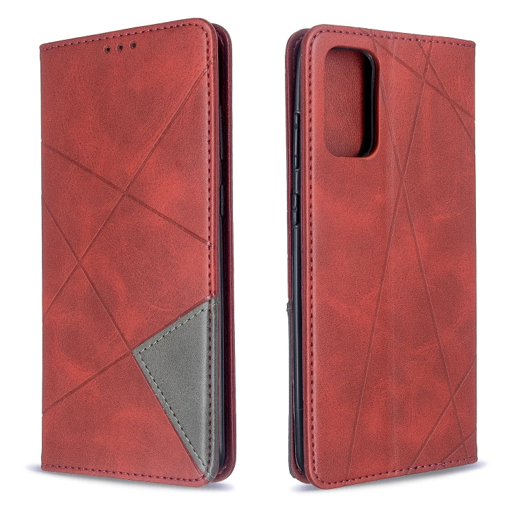Leather flip phone case with rhombus texture, red color, magnetic closure