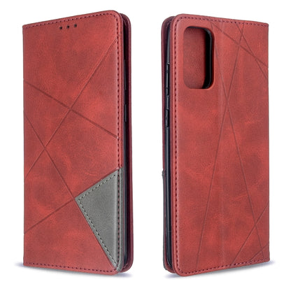 Leather flip phone case with rhombus texture, red color, magnetic closure
