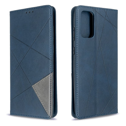 Leather flip phone case with rhombus texture, blue color, magnetic closure