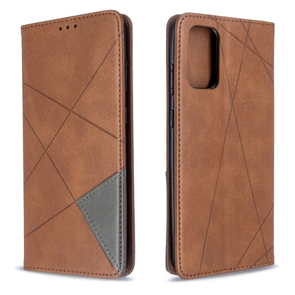 Leather flip phone case with rhombus texture, tan/brown color, magnetic closure