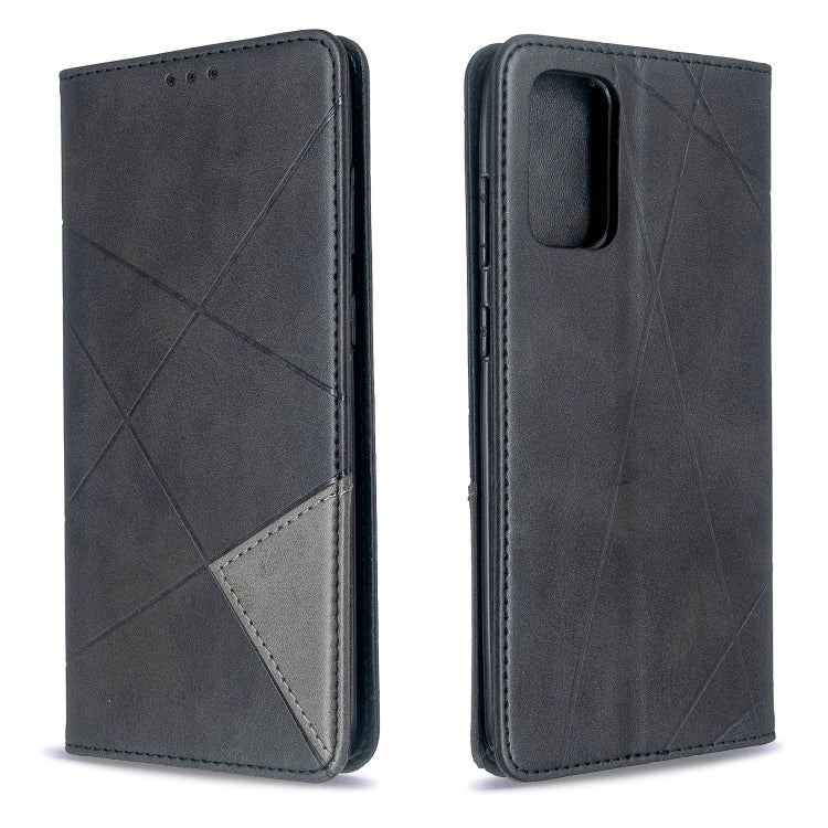 Leather flip phone case with rhombus texture, dark gray/black color, magnetic closure