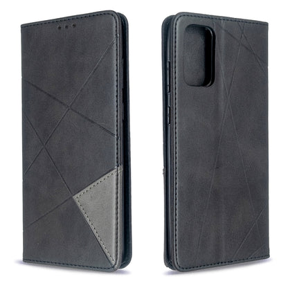 Leather flip phone case with rhombus texture, dark gray/black color, magnetic closure
