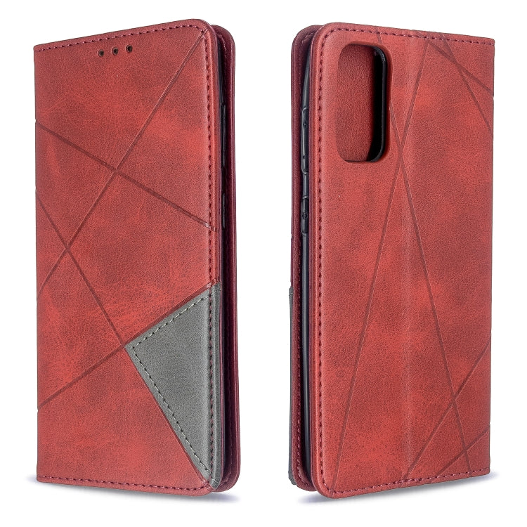 Leather flip phone case with rhombus texture, red color, magnetic closure
