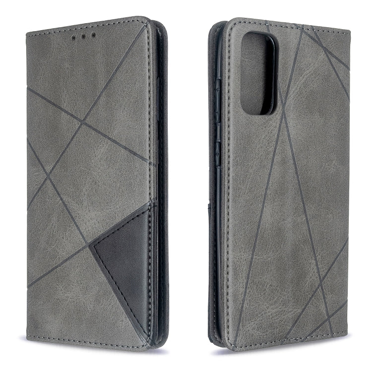 Grey flip leather phone case with geometric rhombus lines and stitched edges