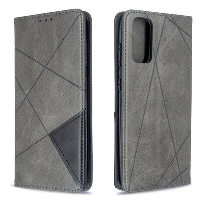 Grey flip leather phone case with geometric rhombus lines and stitched edges
