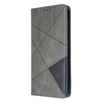 Grey flip leather phone case with geometric rhombus pattern, front view