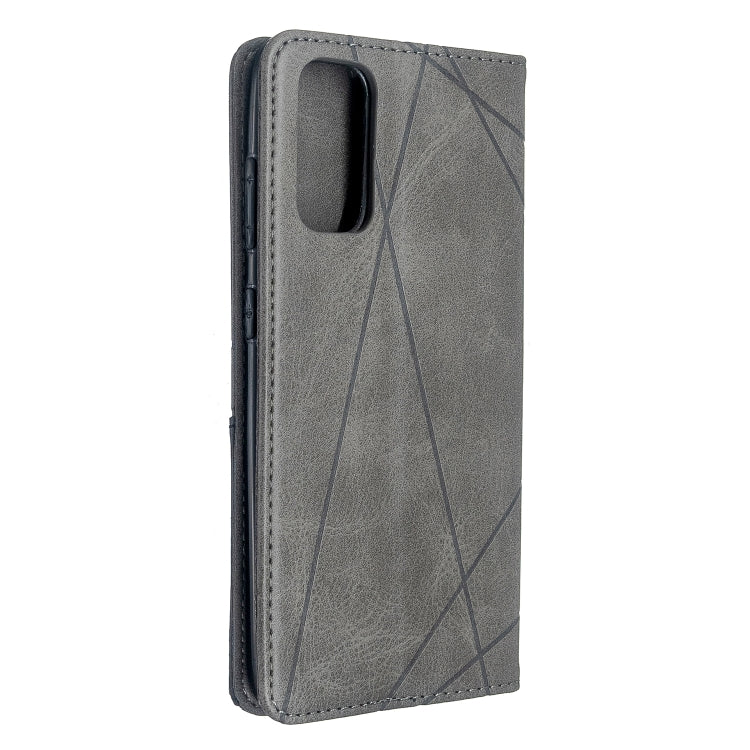 Grey flip leather phone case with geometric rhombus pattern and camera cutout