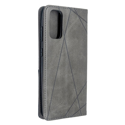 Grey flip leather phone case with geometric rhombus pattern and camera cutout