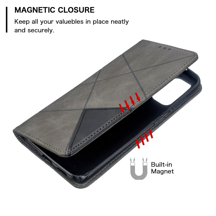Grey leather flip phone case with magnetic closure flap and built-in magnet