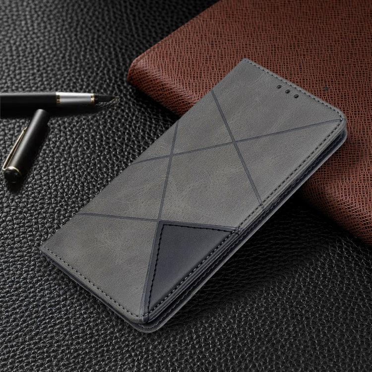 Grey leather phone case with geometric rhombus pattern and magnetic flip flap