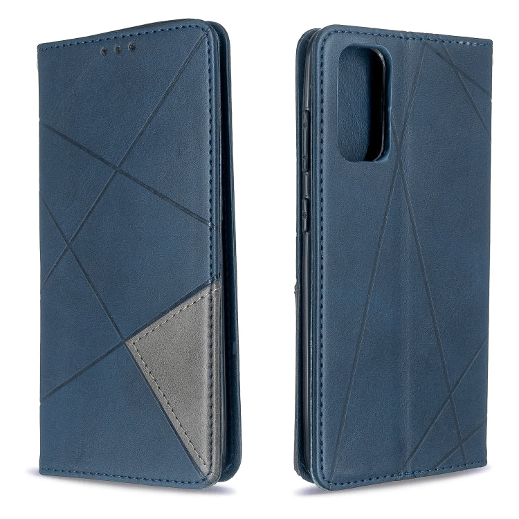 Blue flip leather phone case with geometric rhombus pattern and stitched trim