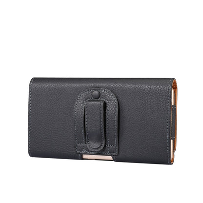Black textured phone wallet case with front pull-strap holder and side opening, 6.7–6.9 in