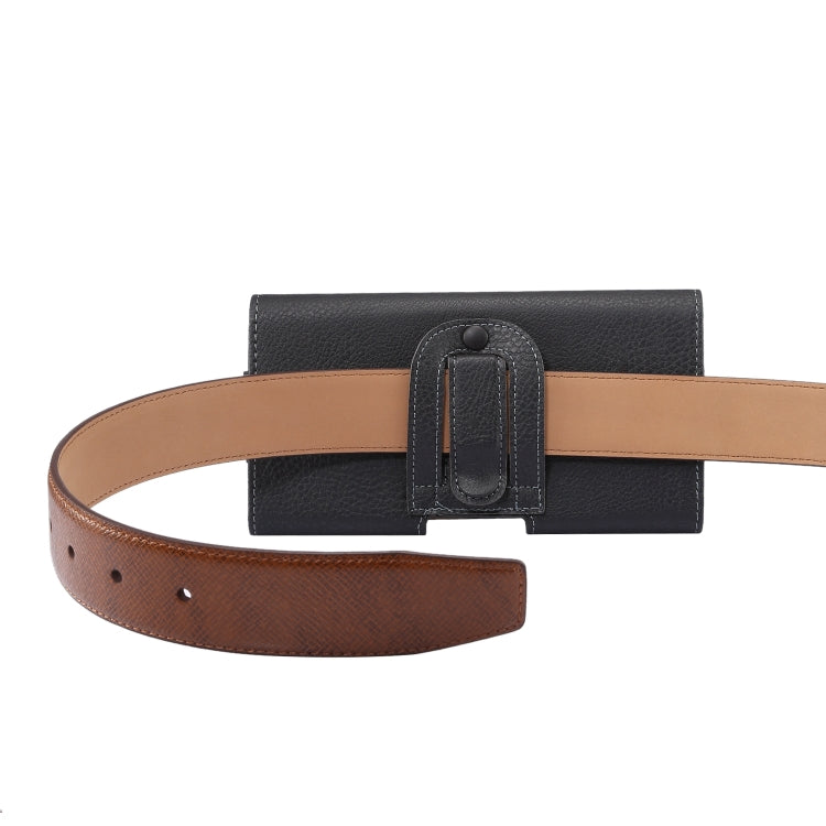Black and brown waist belt phone wallet case with front snap strap and card holder