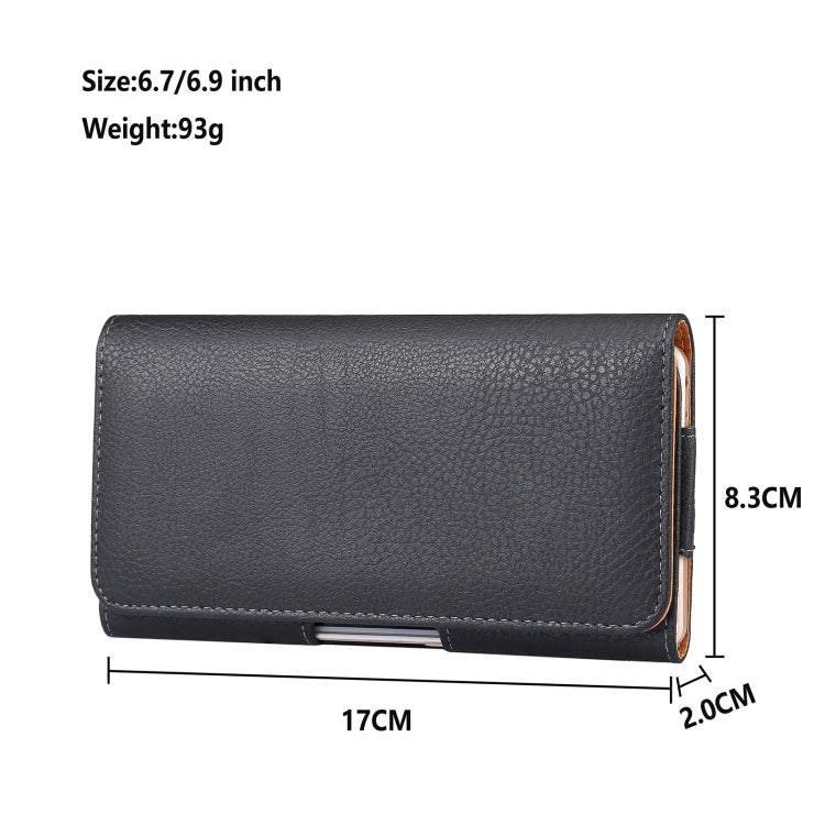 Black textured phone wallet case shown flat, with flip cover and side cutout, 6.7–6.9 in