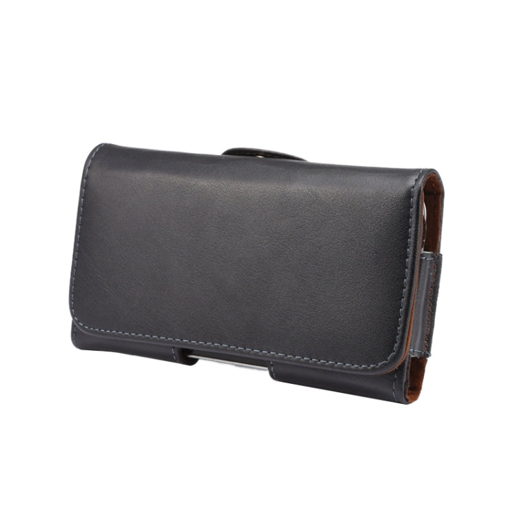 Black genuine leather waist-hanging phone case with flip cover and stitched edges