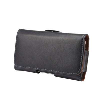 Black genuine leather waist-hanging phone case with flip cover and stitched edges