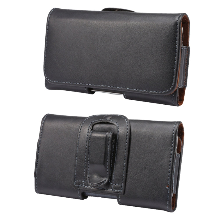 Black genuine leather waist phone case with front flap and built-in hanging loop