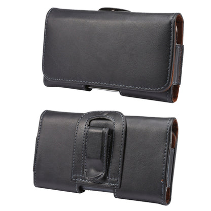 Black genuine leather waist phone case with front flap and built-in hanging loop