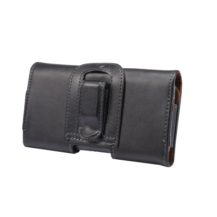 Black leather waist phone case showing reinforced hanging strap and front slot