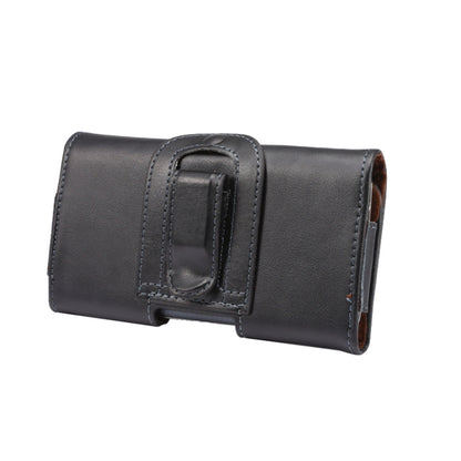 Black leather waist phone case showing reinforced hanging strap and front slot