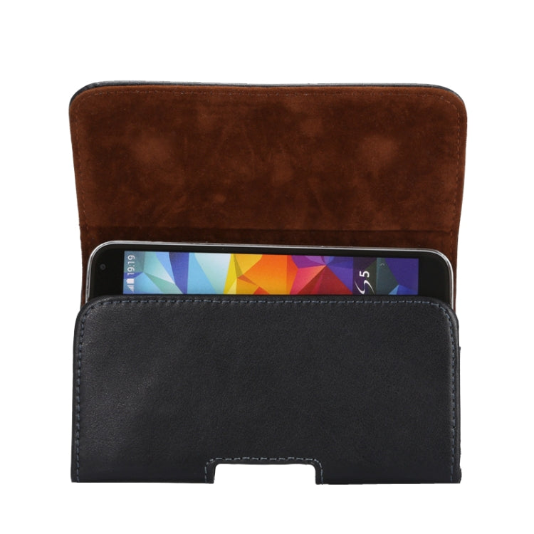 Brown leather phone case with black interior and front slot opening for display