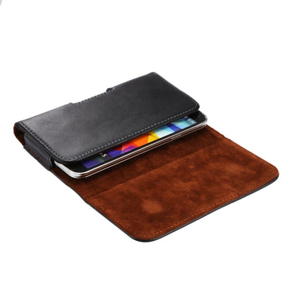 Folded leather waist phone case in black and brown with stitched seams