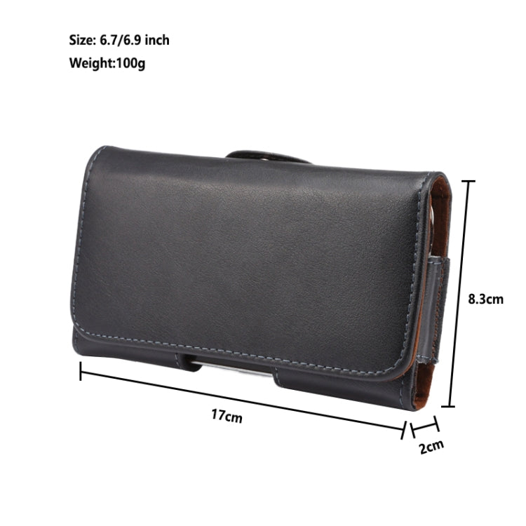Black genuine leather waist phone case with side slot and stitched flap