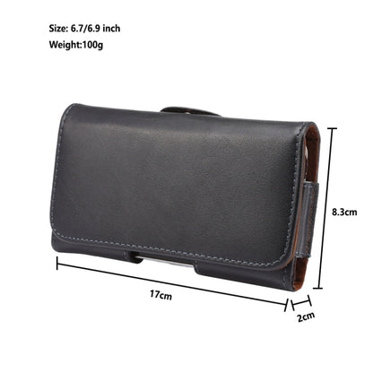 Black genuine leather waist phone case with side slot and stitched flap