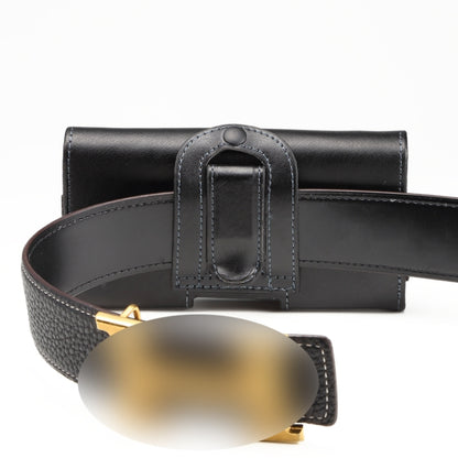 Black genuine leather waist phone case with wide belt strap and metal buckle