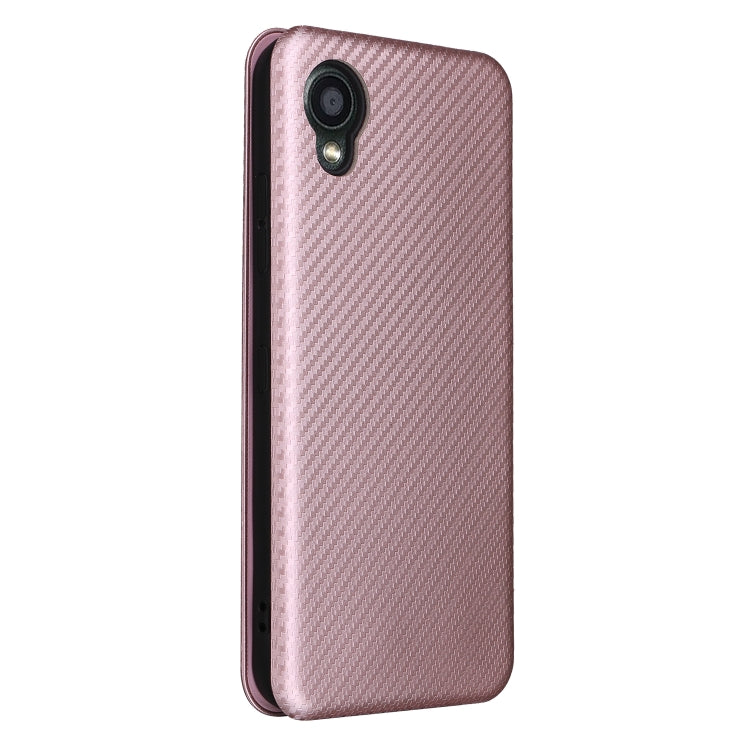 Pink carbon-fiber texture flip phone case with camera cutout