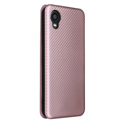 Pink carbon-fiber texture flip phone case with camera cutout
