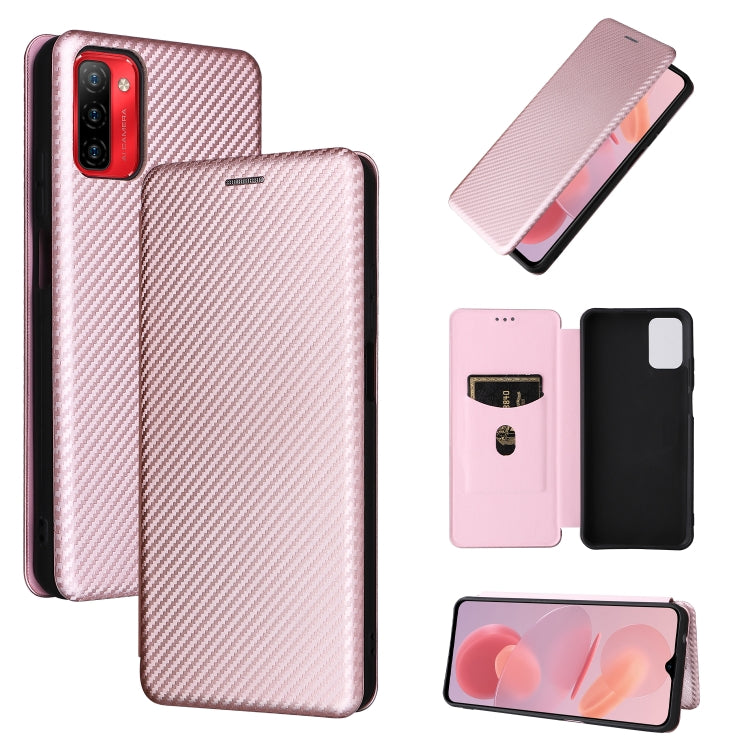 Carbon fiber texture magnetic flip phone case, pink, horizontal wallet-style flap.