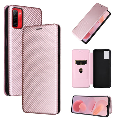 Carbon fiber texture magnetic flip phone case, pink, horizontal wallet-style flap.