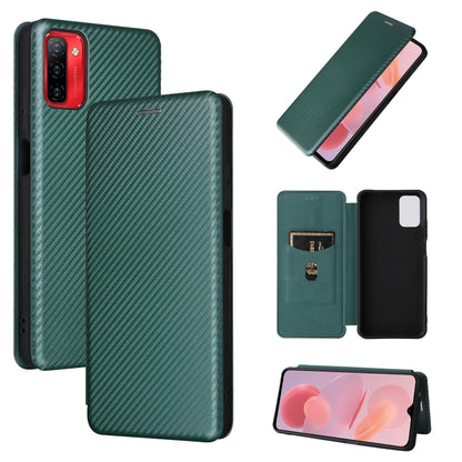 Carbon fiber texture magnetic flip phone case, green, horizontal wallet-style flap.