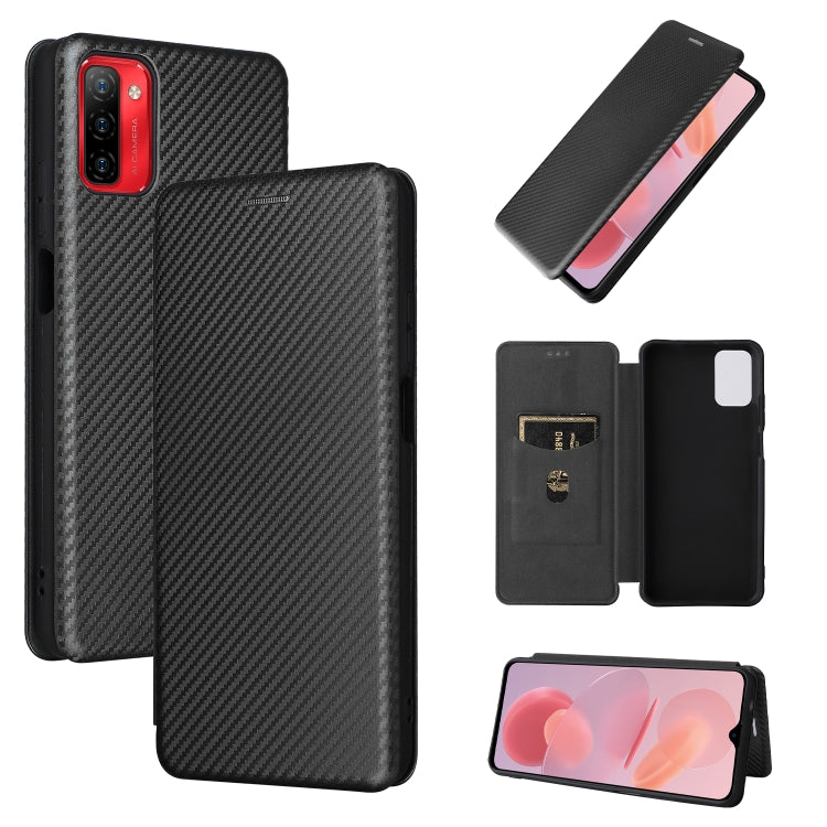 Carbon fiber texture magnetic flip phone case, black, horizontal wallet-style flap.