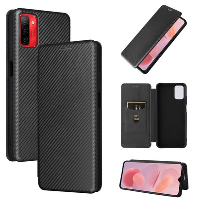 Carbon fiber texture magnetic flip phone case, black, horizontal wallet-style flap.