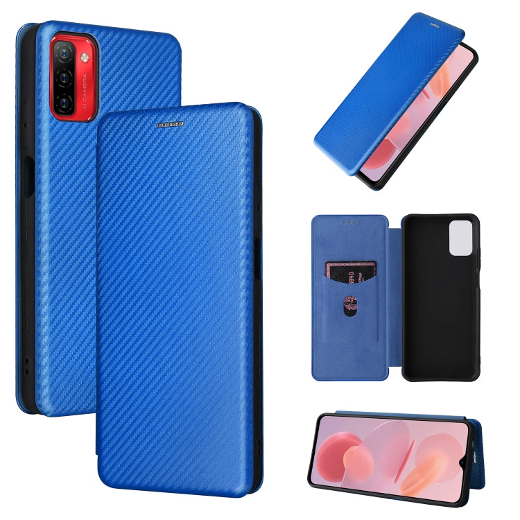 Carbon fiber texture magnetic flip phone case, blue, horizontal wallet-style flap.