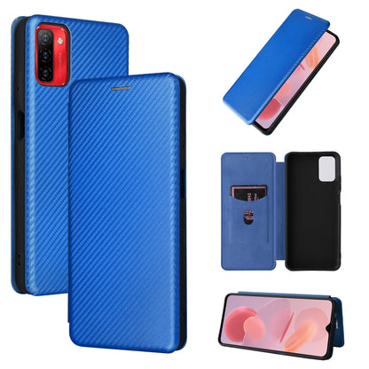 Carbon fiber texture magnetic flip phone case, blue, horizontal wallet-style flap.