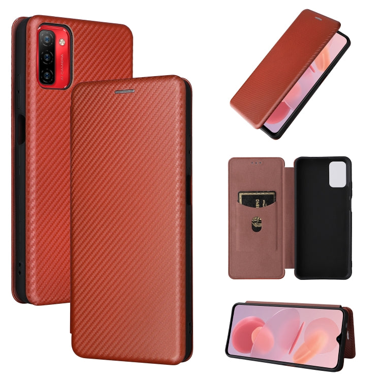 Carbon fiber texture magnetic flip phone case, brown, horizontal wallet-style flap.