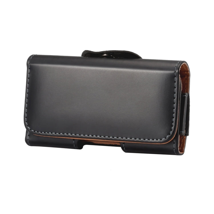 Black glossy phone case with front flap and side hanging holder, stitched edges