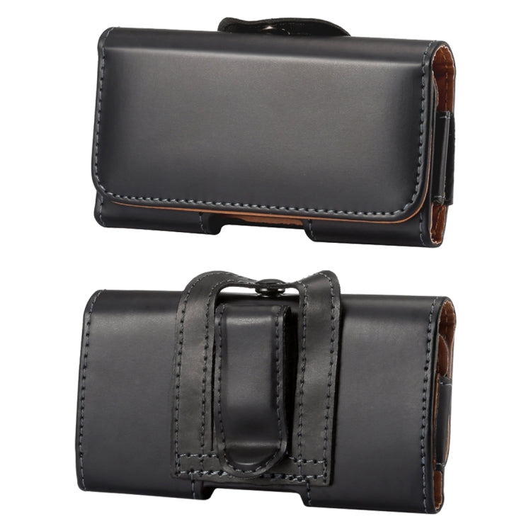 Black waist-hanging phone case with front flap, back strap loop, and side opening