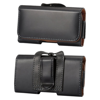 Black waist-hanging phone case with front flap, back strap loop, and side opening