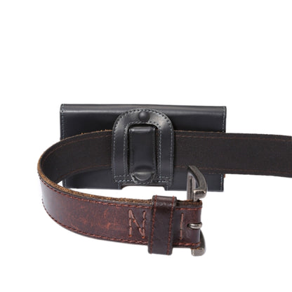 Leather waist belt for phone case with buckle and stitched strap loop
